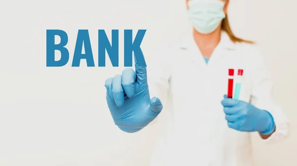 Bankayı gösteren metin başlığı. İşletmelerin, Virüs Enfeksiyon Laboratuvarı Testleri için İlaç ve Aşı Testi 'nden borç para alabileceği bir organizasyon. — Stok fotoğraf