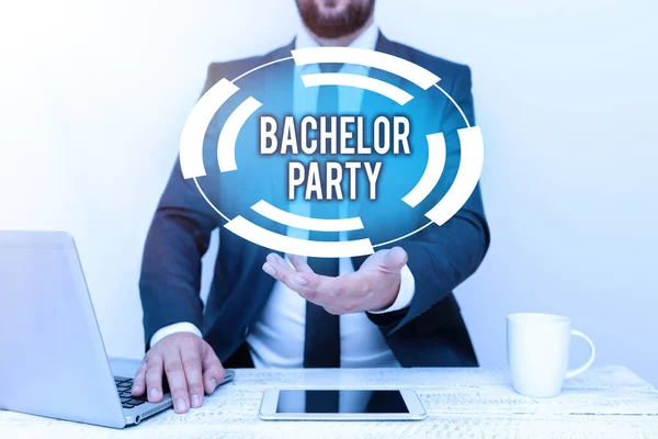 Handschrift bordje Vrijgezellenfeest. Internet Concept Party gegeven voor een man die op het punt staat te trouwen Stag night Remote Office Work Online Smartphone Voice And Video Calling — Stockfoto