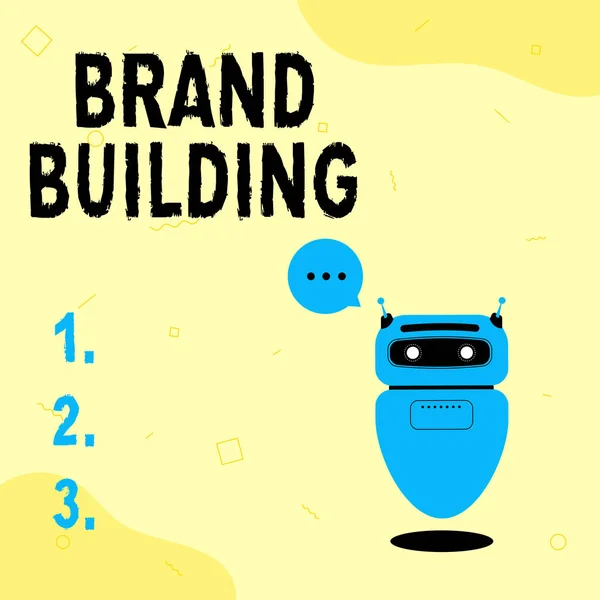 Handschrift bordje Brand Building. Woord voor het genereren van bewustzijn Oprichting en bevordering van bedrijf Illustratie van schattig drijvende robot vertellen informatie in een Chat Cloud. — Stockfoto