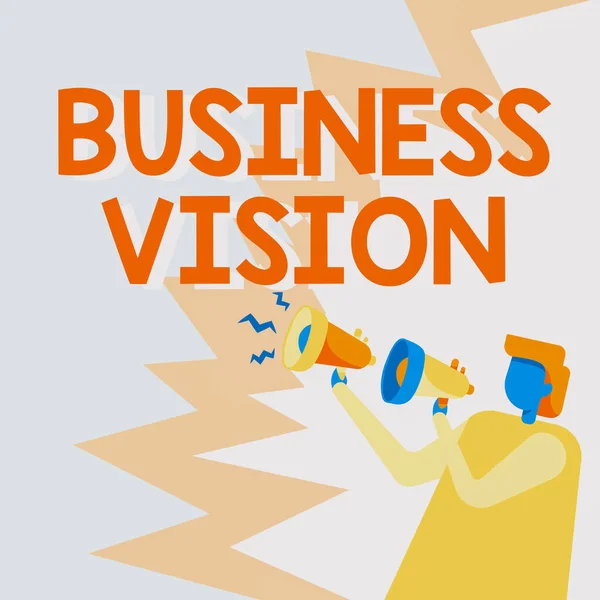 Text zeigt Inspiration Business Vision. Word for Growth your business in the future based on your goals Businessman Drawing Holding A Paar Megaphone Making New Announcement. — Stockfoto