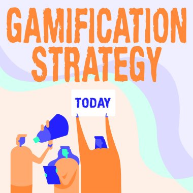 Metin Gamification Strategy yazılıyor. İş yaklaşımı Motivasyon Ödülleri Kullanımı Oyun Mekaniklerini Entegre Etkinleştiren Megafon ve Pankartlar Tutan Megafonlar Duyuru Yapan Eylemciler.