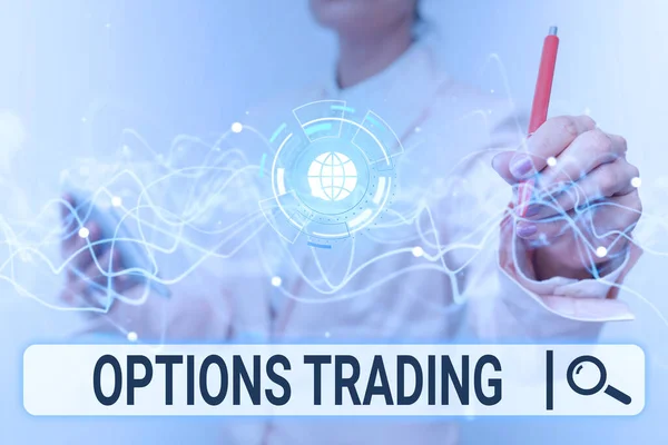 Inspiration showing sign Options Trading. Business idea Different options to make goods or services spread worldwide Lady In Uniform Using Futuristic Mobile Holographic Display Screen. — Stock Photo, Image