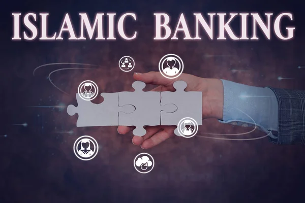 Text ukazující inspiraci Islámským bankovnictvím. Koncept znamená Bankovní systém založený na principech islámského práva Ruční držení skládačky Kousek odemykání nové futuristické technologie. — Stock fotografie