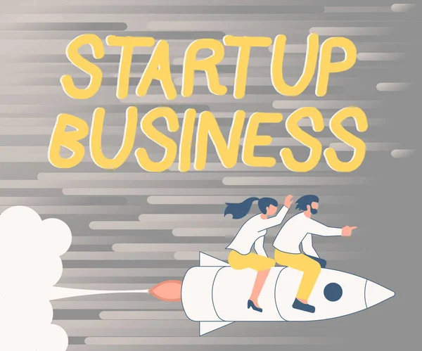 Inspiracja pokazując znak Startup Business. Biznes showcase Angażowanie się w nowe Venture Fresh Trading i sprzedaży Ilustracja Happy Partners Jazda na statku kosmicznym Odkrywanie świata. — Zdjęcie stockowe