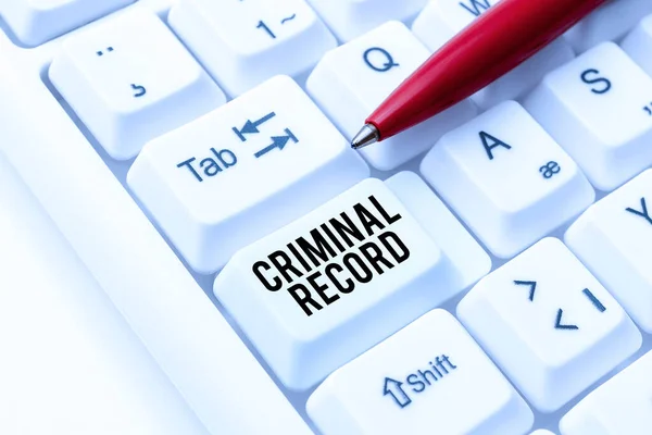 Text sign showing Criminal Record. Word for profile of a person criminal history with details Publishing Typewritten Fantasy Short Story, Typing Online Memorandum — Stock Photo, Image