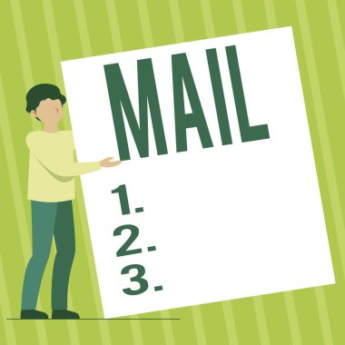 El yazısı metin postası. Posta sistemi vasıtasıyla gönderilen ya da teslim edilen iş yaklaşım mektupları ya da paketi Man Standing Drawing Holding Sunar Büyük Boş Kağıt.