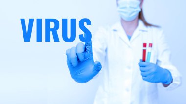 Virüs 'e ilham veren mesajlar. Protein önlüğündeki nükleik asit molekülünü oluşturan ve Virüs Enfeksiyonu Laboratuvarı Testleri için Aşı ve İlaç Testi yapan iş vitesi enfeksiyon etkenleri