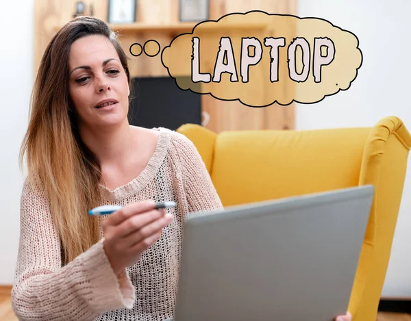 Text showing inspiration Laptop. Business approach computer that is portable and suitable for use while travelling Abstract Taking Online Examination, Watching Internet Videos — Stock Photo, Image