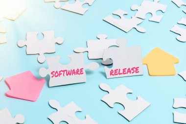 Yazılım Yazılımı Salımı. Eksik Son Parça ile Bitmemiş Beyaz Yapboz Örnekleri İnşa Etme programı için geliştirme aşamalarının ve olgunluğun iş genel görünümü
