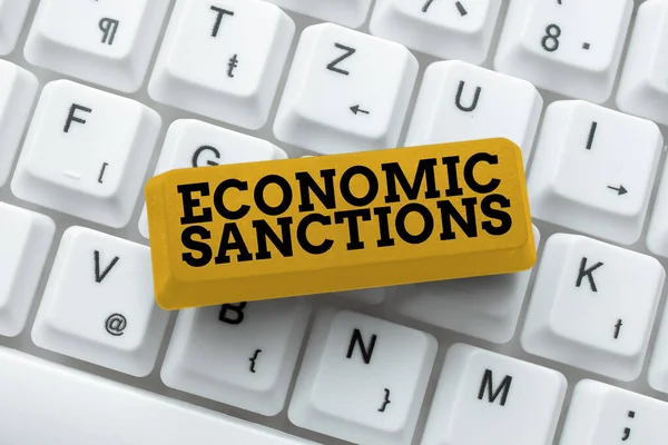 Hand writing sign Economic Sanctions. Word Written on Penalty Punishment levied on another country Trade war Typing Employment Agreement Sample, Transcribing Online Talk Show Audio — Stock Photo, Image