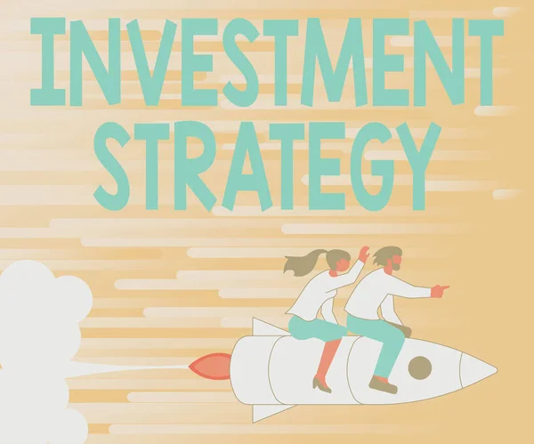 Teken de investeringsstrategie. Woord voor Regels Procedures Gedrag Een gids voor een Investeerder Illustratie van Gelukkige Partners Riding On Rocket Ship Exploring World. — Stockfoto