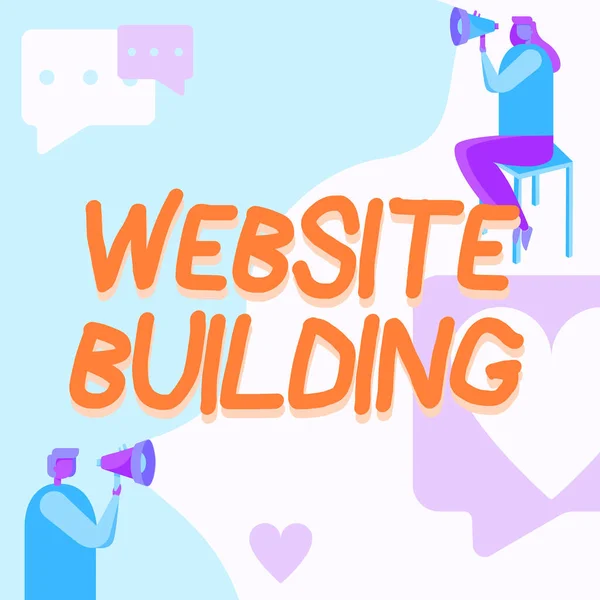 Hand writing sign Website Building. Conceptual photo tools that typically allow the construction of pages Man Standing And Woman Sitting Both Holding Megaphone With Message Symbol. — Stock Photo, Image