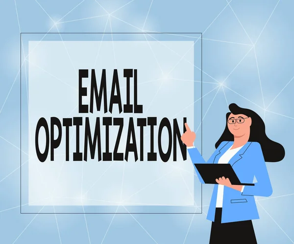 Szöveges felirat bemutatása Email Optimization. Koncepció jelentése Maximalizálja a marketing kampány hatékonyságát Illusztrációja Üzletasszony Álló gazdaság neki Laptop bemutató ötletek. — Stock Fotó