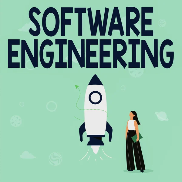 Текстовый знак с программным обеспечением. Бизнес-презентация Разработка программы в системном количественном подходе Иллюстрация случайных девушек, стоящих рядом с ракетой Корабль готов к запуску — стоковое фото