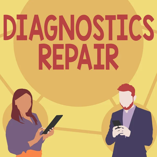 Tekst bijschrift presenteren Diagnostics Repair. Zakelijke aanpak Een programma of routine die een gebruiker helpt om fouten te identificeren Illustratie van partners Bezig met het gebruik van Smartphones Zoeken Ideeën. — Stockfoto