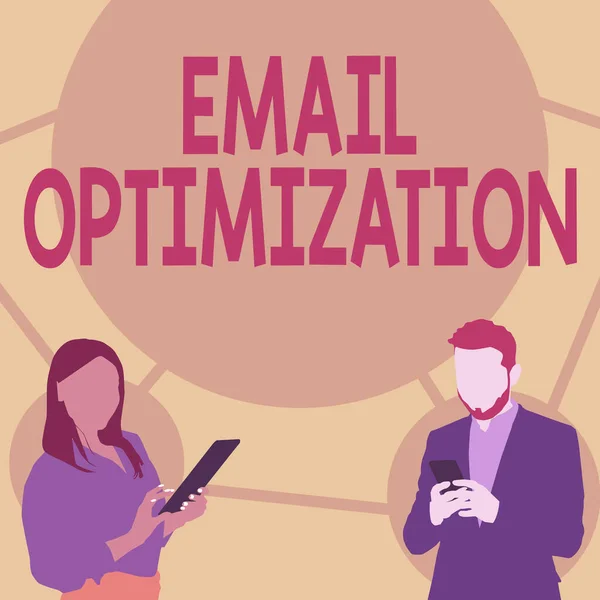 Email Optimization 문서 작성. Business approach Maximize the Efficiency of the marketing campaign Illustration Of Partners Busy Using Smartphone Searching Ideas. — 스톡 사진