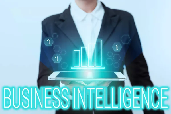 Text showing inspiration Business Intelligence. Conceptual photo Best Practice of Information to Optimize Performance Woman In Suit Standing Using Device Showing New Futuristic Virtual Tech. — Stock Photo, Image