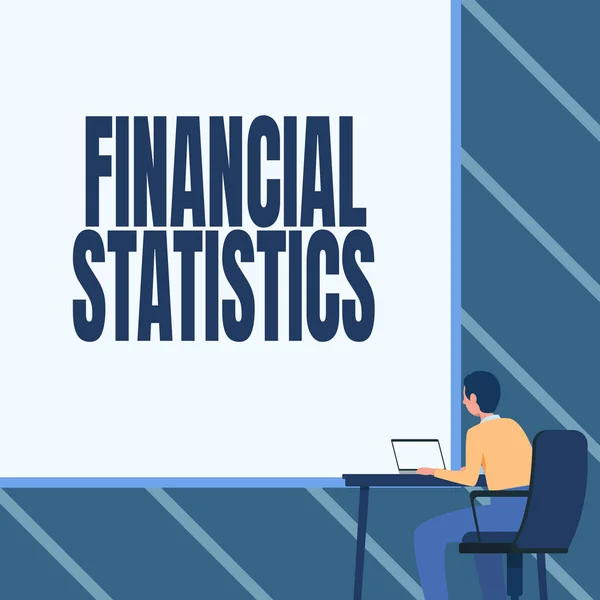 Conceptual caption Financial Statistics. Concept meaning Comprehensive Set of Stock and Flow Data of a company Man Sitting Armchair Using Laptop Placed On Table With Large Blank Board. — Stock Photo, Image