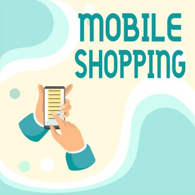 Mobil Alışveriş sunan metin başlığı. Mobil Soyut Yayılma İletisi Çevrimiçi, Küresel Bağlantı Konseptleri yoluyla mal ve hizmetlerin satın alınıp satılması anlamına gelen kavram