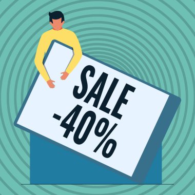 Kavramsal görünüm indirimi% 40. Kavramsal fotoğraf% 40 indirimli bir ürünün tanıtım fiyatı beyefendinin elinde kocaman boş bir pano var..