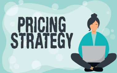 İlham verici Fiyat Stratejisini gösteren metin. İş konsepti, Laptop Gevşeme Kullanırken Çapraz Bacaklı Genç Hanım 'ın satılması veya pazara çıkarılabilirliğini maksimuma çıkardı.