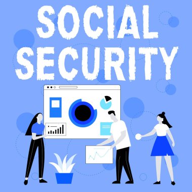 Text caption presenting Social Security. Business overview assistance from state showing with inadequate or no income Employee Helping Together Sharing Ideas For Skill Improvement. clipart