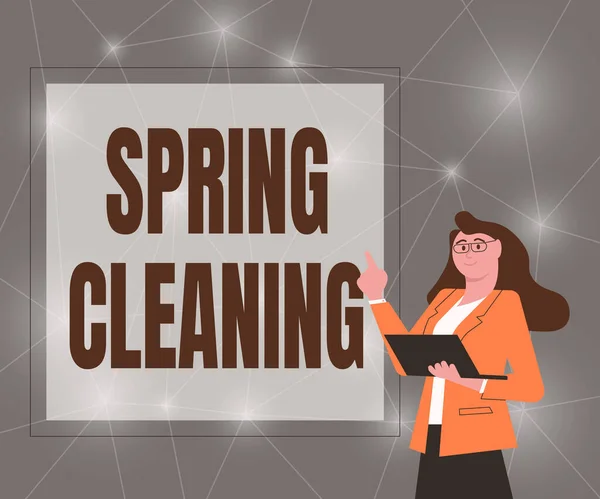 Handschrift tekst Spring Cleaning. Zakelijke aanpak praktijk van grondig schoonmaken huis in de lente Illustratie van Zakenvrouw Staande Holding Haar Laptop Presentatie Ideeën. — Stockfoto