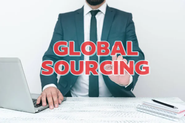 Szöveges megjelenítés Global Sourcing. Az áruk globális piacáról történő beszerzés gyakorlatáról írt szó Távirodai munka Online kommunikációs technológia bemutatása — Stock Fotó