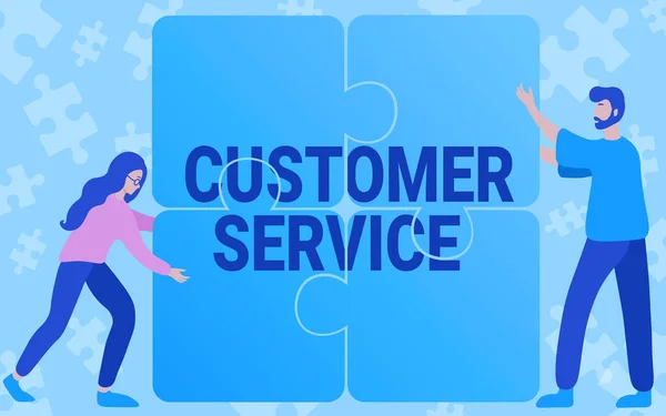 Text showing inspiration Customer Service. Business overview process of ensuring client satisfaction with product Colleagues Drawing Fitting Four Pieces Of Jigsaw Puzzle Together Teamwork. — Stock Photo, Image