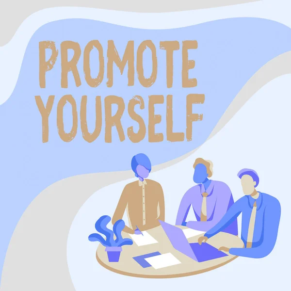 Writing displaying text Promote Yourself. Business showcase market and introduce to others Improvement Encourage Colleagues Drawing Sitting On A Desk With Laptop Having Discussion. — Stock Photo, Image