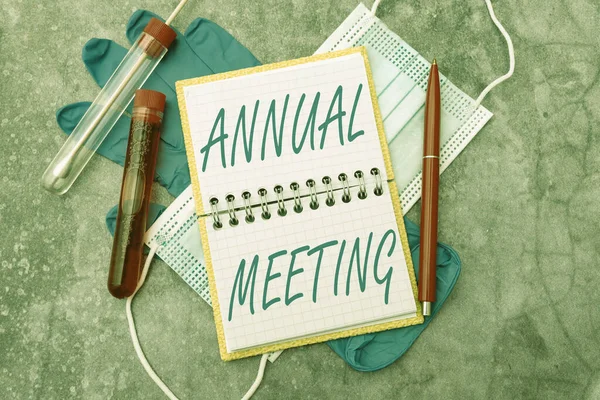 Text sign showing Annual Meeting. Business idea Yearly gathering of an organization interested shareholders Researching Preventive Medications, Viral Infection Prevention