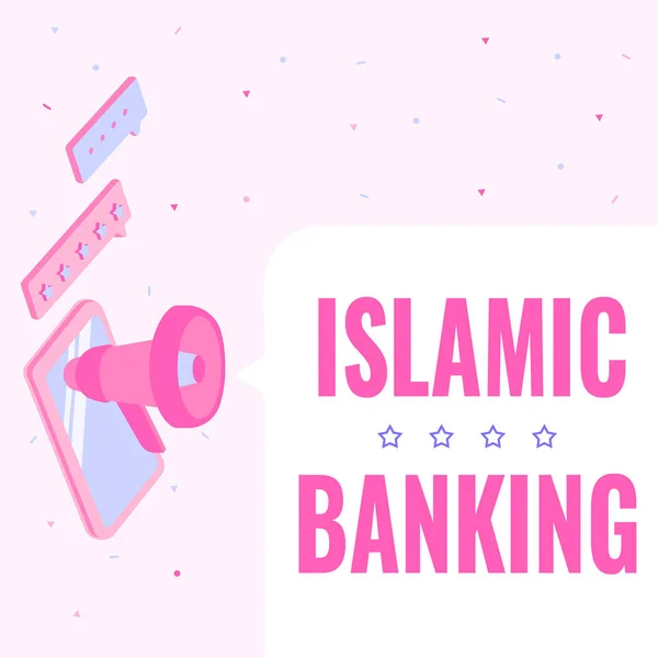 Segno di testo che mostra Bancario Islamico. Parola per sistema bancario basato sui principi della legge islamica Monitor Drawing With Megaphone Producing Lighting To Message . — Foto Stock