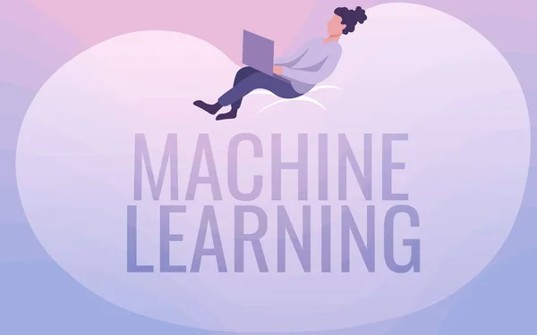 Handskrift text Maskininlärning. Affärsidé ger datorer möjlighet att undervisas med data Lady Ritning sitta tillbaka på en stor bönpåse med hjälp av laptop. — Stockfoto