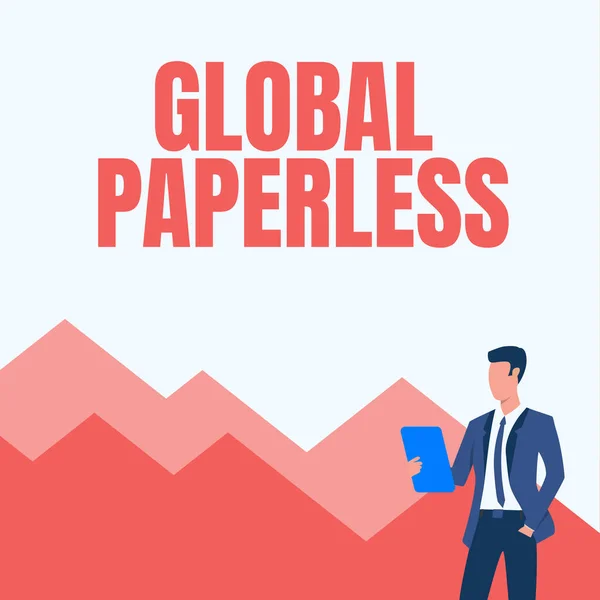 Firma mostrando Global Paperless. Enfoque de negocio va por métodos de tecnología como el correo electrónico en lugar de papel hombre en uniforme una mano en bolsillo de pie sosteniendo la tableta de la computadora. — Foto de Stock