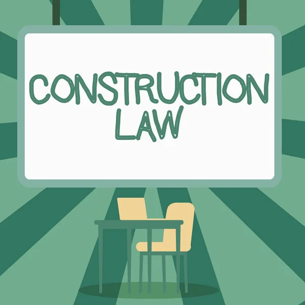 Podpis przedstawiający Prawo budowlane. Koncepcyjne zdjęcie zajmuje się sprawami dotyczącymi budowy i pokrewnych pól Blank Whiteboard z laptopem umieszczonym na szczycie stołu z krzesłem. — Zdjęcie stockowe