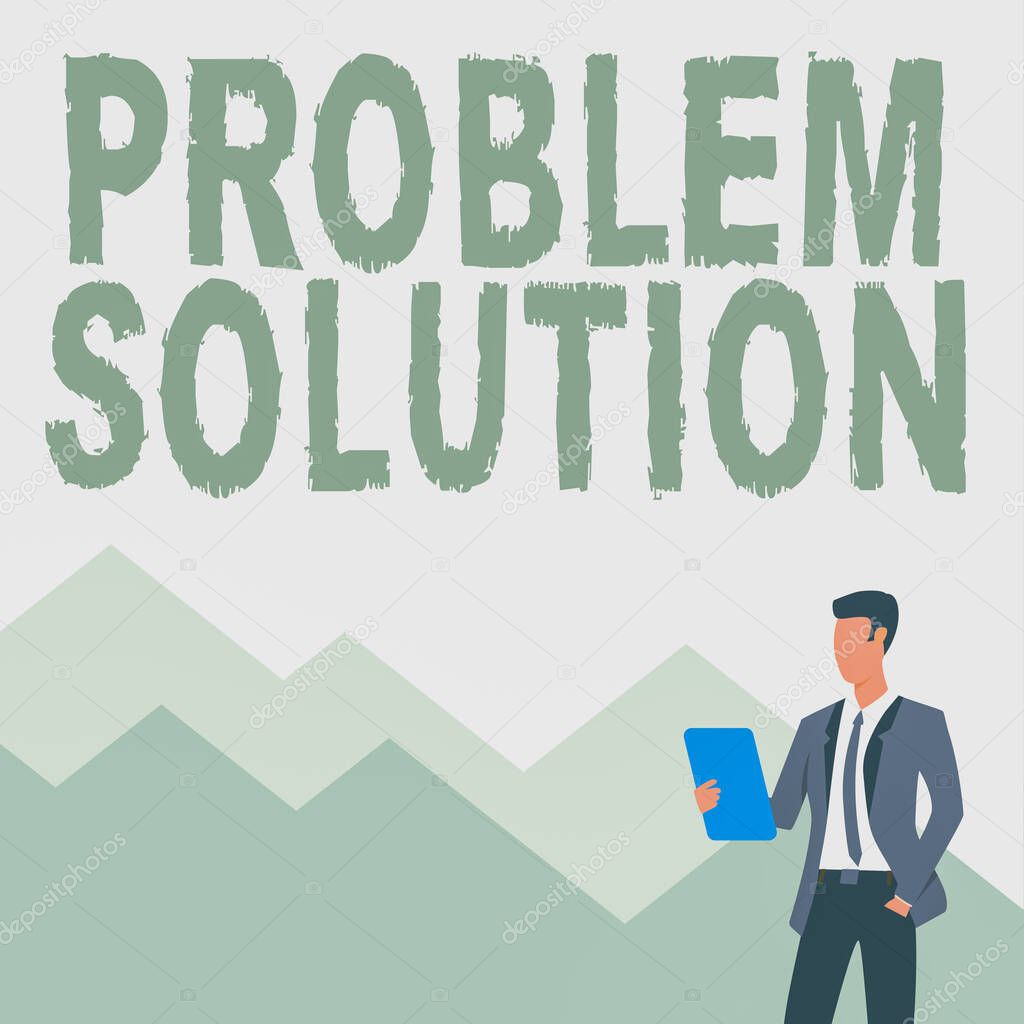 Writing displaying text Problem Solution. Internet Concept solving consists of using generic methods in orderly manner Man In Uniform One Hand In Pocket Standing Holding Computer Tablet.