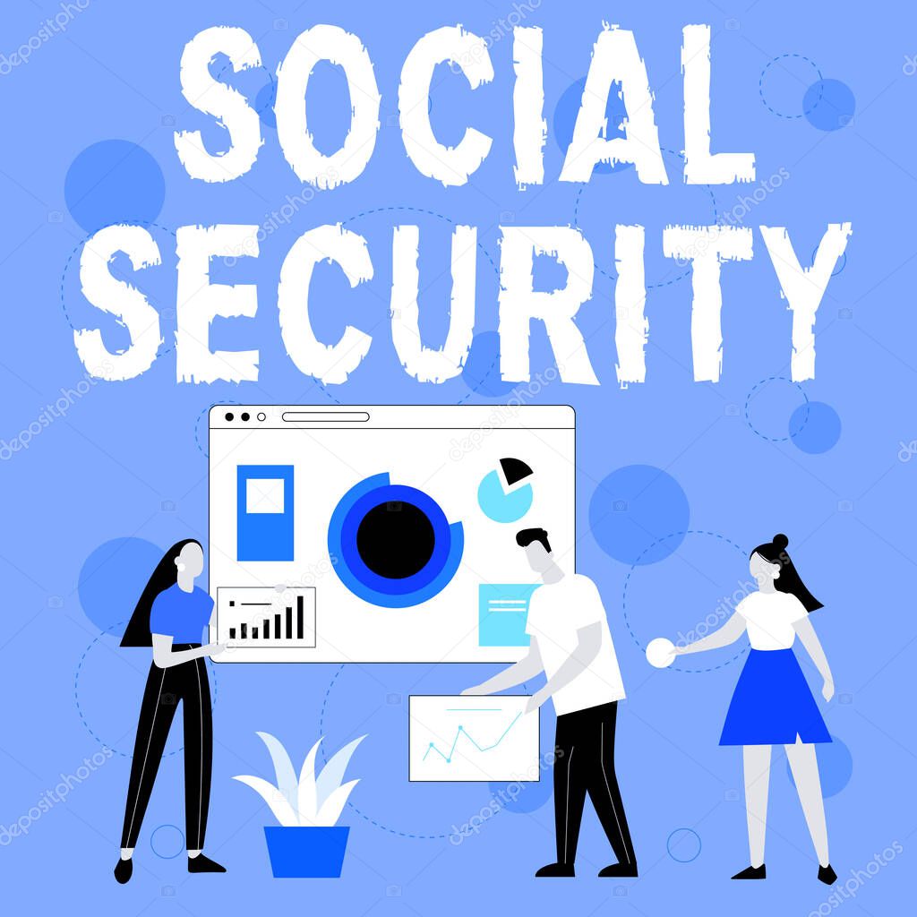 Text caption presenting Social Security. Business overview assistance from state showing with inadequate or no income Employee Helping Together Sharing Ideas For Skill Improvement.