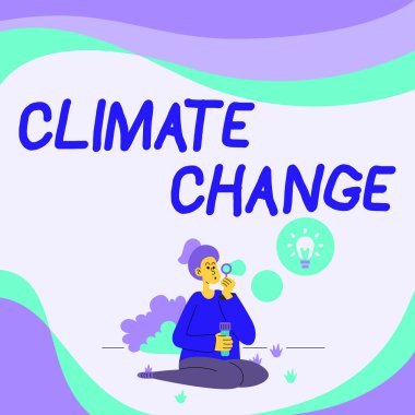 Metin görüntüleme iklim değişikliği yazılıyor. Bir bölgenin ortalama hava koşullarında iş fikri değişiyor. Bayan Park 'ta oturuyor, balonlar üflüyor. Fikir Lambası ile Yeni Düşünceler Düşünüyor..