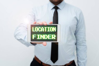 Konum Bulucu 'yu gösteren bir işaret. Yeni Teknoloji Fikirlerini Sunan, Teknolojik Gelişmeyi Tartışan, seçilmiş bir yerin adresini bulmak için A servisiName