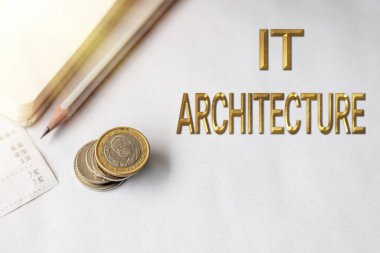 El yazısı imzası. Mimarlık. Mimari için sözcük, bir kalem ve istiflenmiş Euro Sikkeleri ile birlikte boş defter genel yapısı sürecine uygulanır