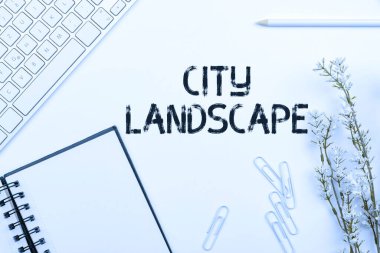 Kavramsal manşet Şehir Manzarası. Bir şehrin ya da kentsel alanın fiziksel yönlerinin fotoğraflanması anlamına gelen kavram. Çeşitli Koleksiyon Ofisi Kırtasiyesi Fotoğrafı Tablonun Üzerine Yerleştirildi