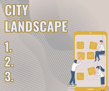 Şehir Peyzajını sunan metin başlığı. Bir şehrin ya da kentsel alanın fiziksel yönlerinin fotoğraflanması için sözcük - 42546