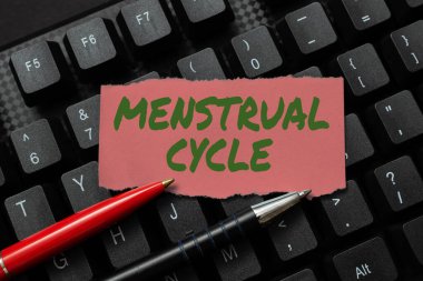 Adet döngüsü ilhamını gösteren bir metin. Yumurtalıklardaki ve uterus kaplamalı Daktilo Programı Zamanlaması, Yeniden Yazma ve Hata Ayıklama Programındaki Aylık Değişiklik Konsepti