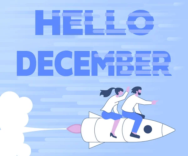 Handwriting text Hello December. Business overview greeting used when welcoming the twelfth month of the year Illustration Of Happy Partners Riding On Rocket Ship Exploring World.