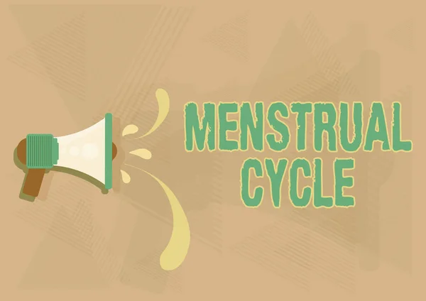 Signo de texto que muestra el ciclo menstrual. Palabra Escrito en el ciclo mensual de los cambios en los ovarios y el revestimiento del útero Ilustración De Megáfono Tirando Gotas de Agua Hacer Anuncio. — Foto de Stock