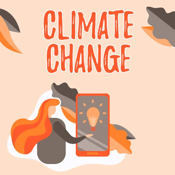 概念标题：气候变化。关于一个地区平均天气的预期变化的文字- -手机按下屏幕显示未来技术. — 图库照片