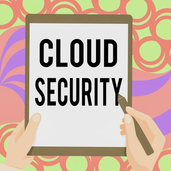 Skriv under med Cloud Security. Word Skrivet om att införa ett säkert system av befintliga data i Internet Ritning av båda händerna Holding Tablet Lätt presentera underbara idéer — Stockfoto