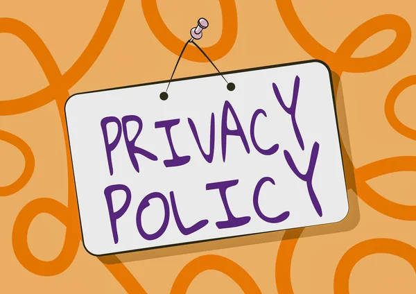 Signo de texto que muestra la Política de privacidad. Enfoque de negocio Documentación con respecto a la gestión de los datos del cliente es Pinned Hanging Door Sign Drawing With Empty Writing Space. — Foto de Stock