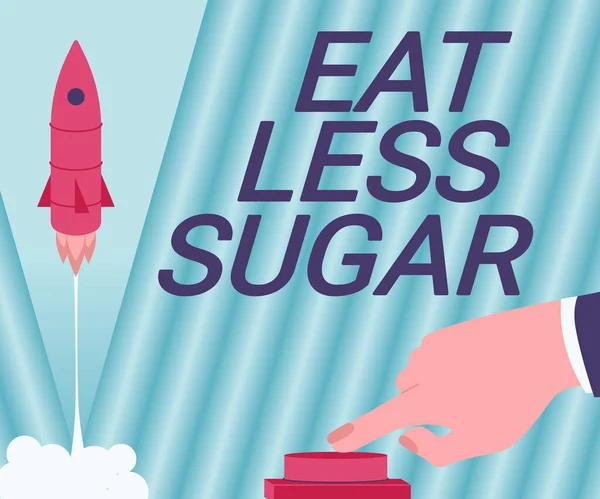 概念表示以下の砂糖を食べる。砂糖の摂取量を削減し、健康的な食事豊かな食品を食べるビジネスアプローチ男の手を押すボタンは、新しい地平線のためのスペースにロケットを起動する. — ストック写真