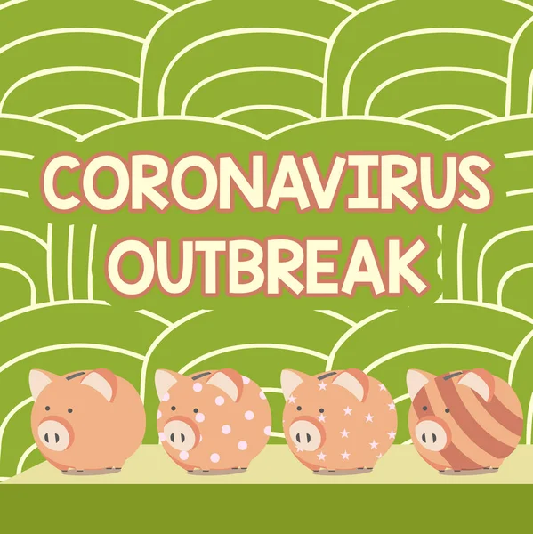 Texto conceptual Brote de Coronavirus. Concepto que significa enfermedad infecciosa causada por la recién descubierta COVID19 múltiples alcancías dibujando en la mesa con fondo rayado. — Foto de Stock